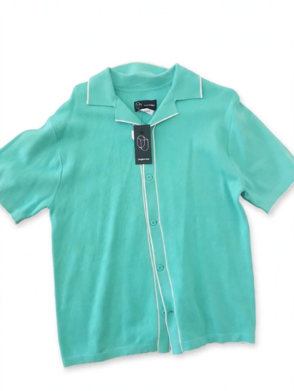 Men’s Turquoise Button‑Up Shirt with White Piping